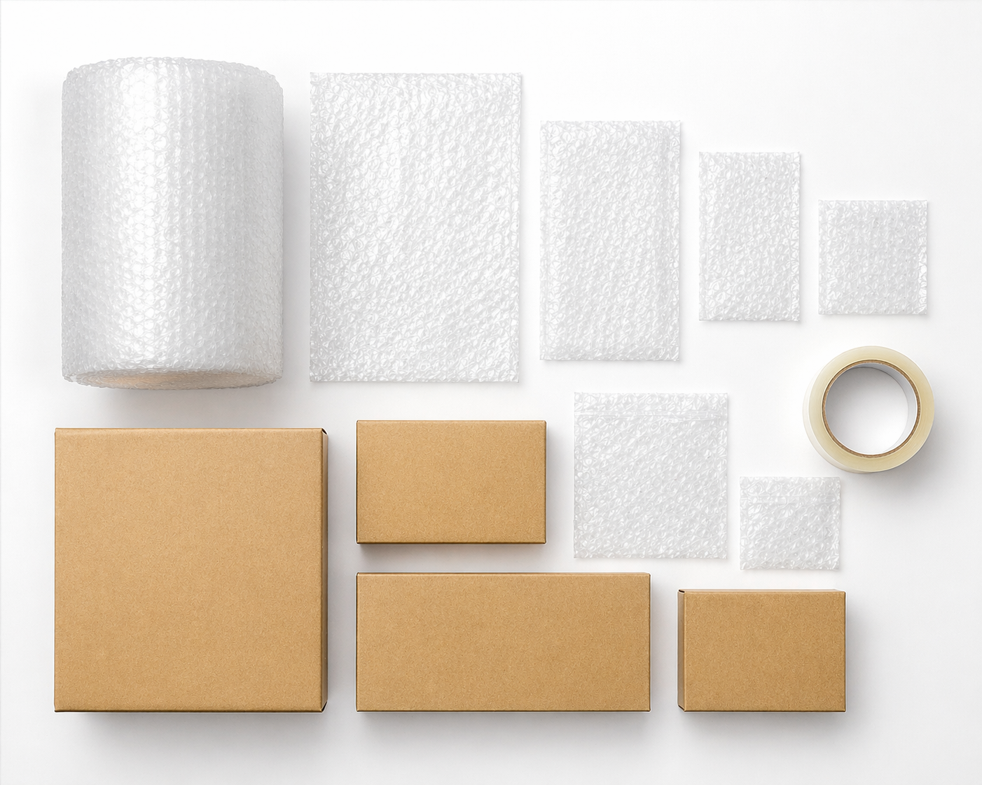 プチプチロールとプチプチ袋など梱包資材のフラットレイ