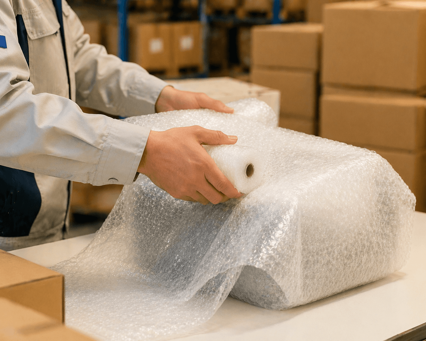ロールのプチプチで商品を包む梱包作業の手元