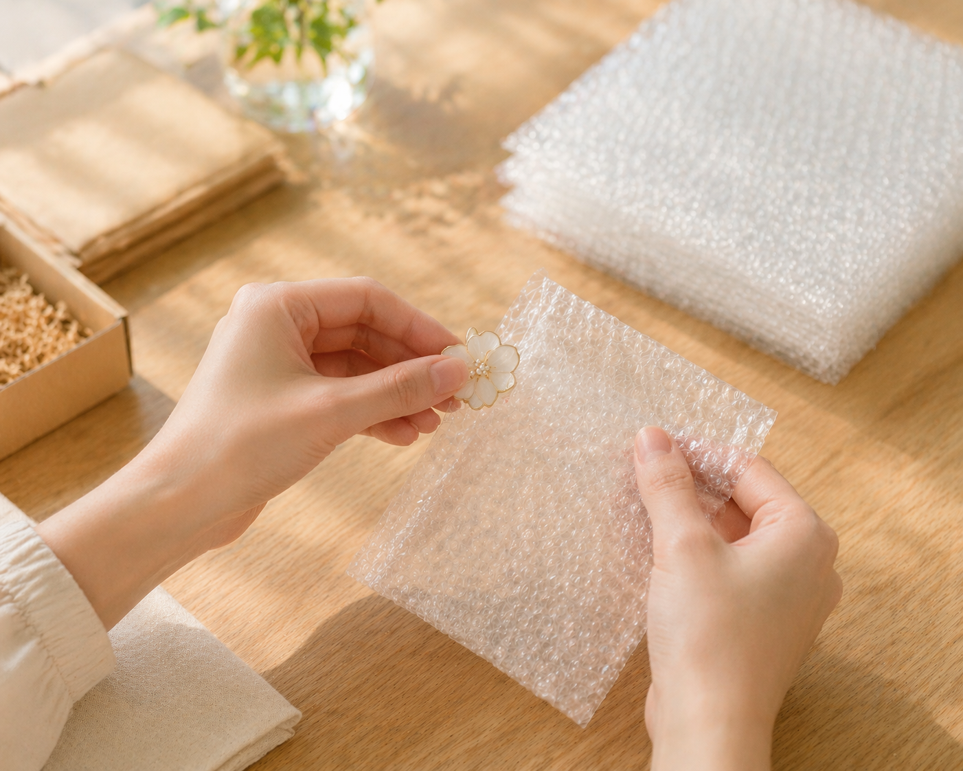 小物をプチプチ袋に入れる梱包作業の手元